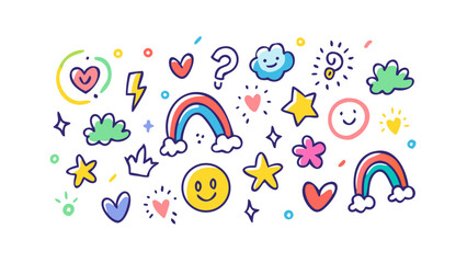 Playful cartoon doodle icons rainbow heart