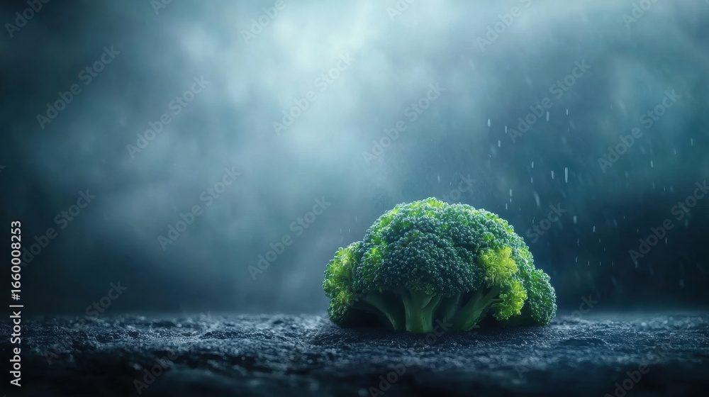 Poster fresh broccoli under soft rain with a misty background in a dark setting