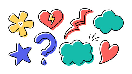 Playful doodle icons with bold outlines shapes heart
