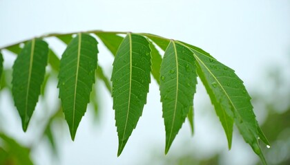A close-up view of several vibrant green leaves, adorned with water droplets, delicately clinging to a branch against a soft, blurred backdrop.
