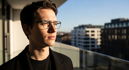 A young man with glasses gazes thoughtfully from a balcony, lit by sunlight.