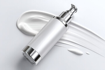 Sleek, modern lotion pump bottle lies on smooth surface, accompanied by creamy lotion swirl. design emphasizes elegance and functionality, perfect for skincare enthusiasts