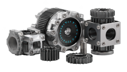 Industrial gears and mechanical components in a studio shot with detailed textures