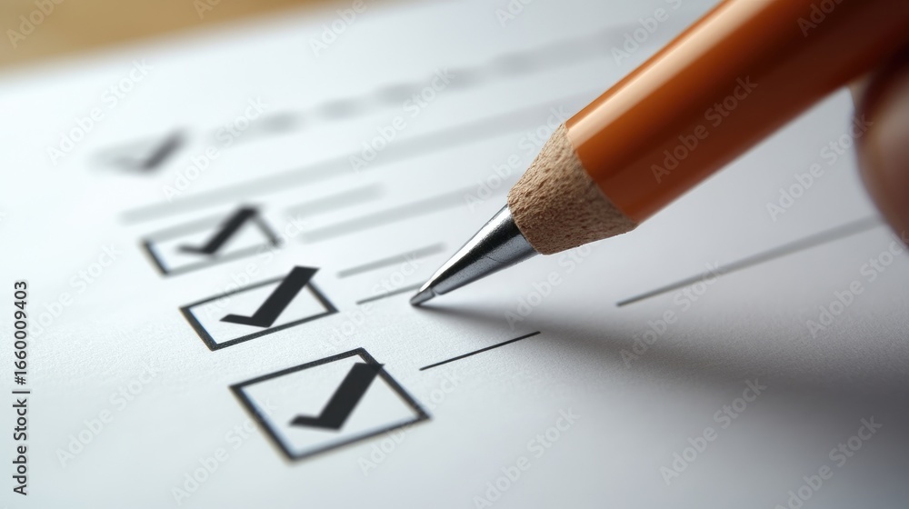 Poster checklist concept: businessman checking mark on checkboxes with ample copy space for form filling.