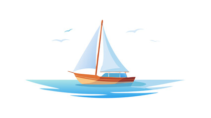 Sailboat on blue water with birds sailing ocean