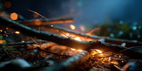 Fallen branches glowing with warm light in dark forest setting creating mysterious and calm atmosphere