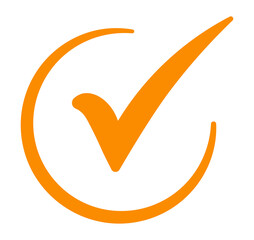 Orange verification check mark inside incomplete circle, flat PNG with transparent background for...