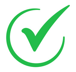Green check mark inside open circle outline, flat PNG with transparent background for confirmation,...