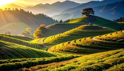 Sunrise over rolling green hills.