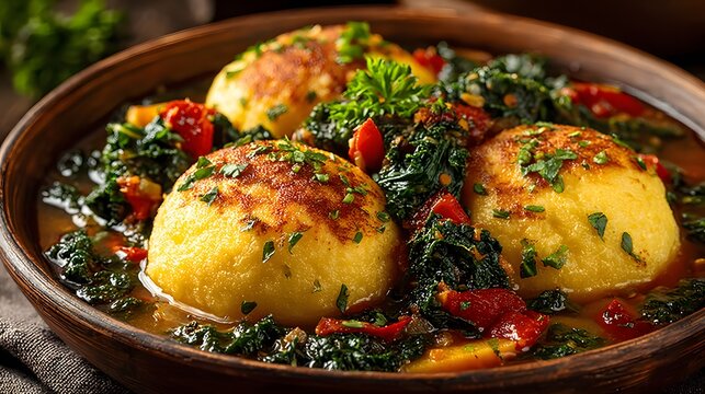 Comforting bowl of cornmeal dumplings is served in a rich, savory vegetable stew with kale, shown in a warm and hearty close-up photograph.