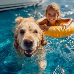 Golden retriever swimming beside child with inflatable ring, protective dog at sea, safety pet