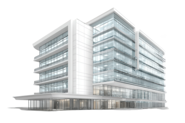Modern architectural render of a gleaming, multi-story office building