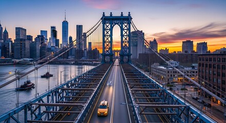Iconic skyline view from the Manhattan Bridge with a brilliant sunset painting the urban landscape