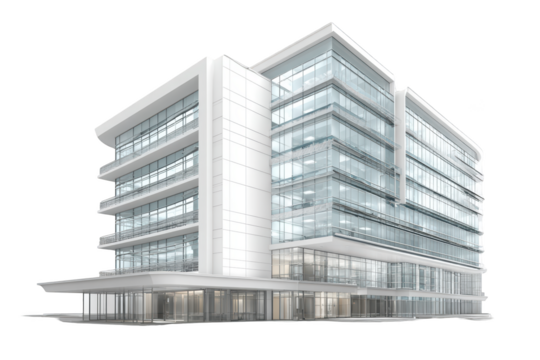 Modern architectural render of a gleaming, multi-story office building