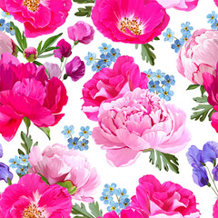 Pattern with peonies, wild rose flowers, roses and forget-me-not. Vector floral pattern with summer flowers and peonies. For paper, fabric, packaging and interior design.