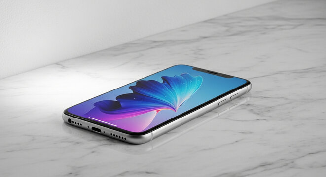 A modern smartphone with a vibrant blue and purple abstract wallpaper lies on a white marble surface. Light illuminates the device from the left.

