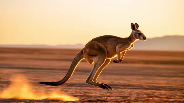 A silhouette of a canguro hopping gracefully during a golden sunset 