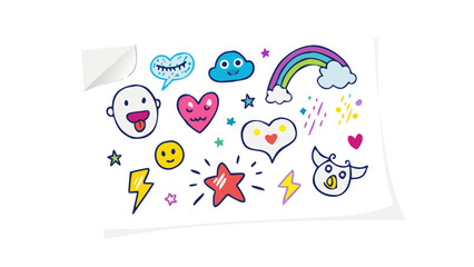 Whimsical doodle collection with rainbow and faces
