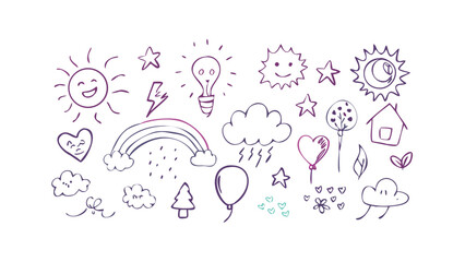 Whimsical doodle collection with celestial and nature elements