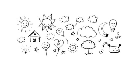 Whimsical doodle collection with sun clouds and hearts