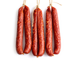 Long thin dry sausages hanging on white background