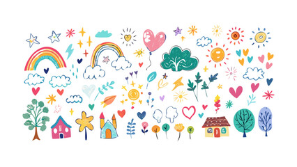 Fototapeta premium Whimsical doodle elements with rainbow and houses hand drawn