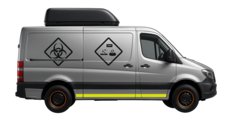 Hazardous materials response van with chemical hazard symbols and ventilation system