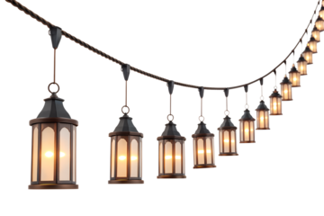 String of decorative outdoor lanterns for parties and events isolated on transparent background