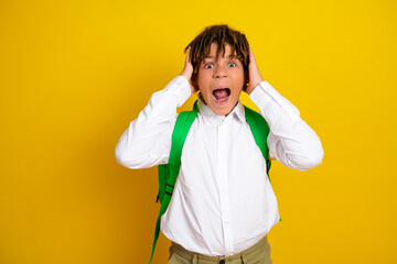 Excited schoolboy in white shirt and green backpack expressing enthusiasm and amazement against a...