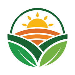 Eco Farm Logo with Sun, Fields, and Green Leaves – Sustainable Agriculture Symbol
