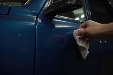 Hand microfiber cloth blue car car door cleaning reflection vehicle automotive shiny detailing. person polishes blue car door with microfiber cloth creating glossy clean and well maintained