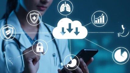 Healthcare Professional Managing Secure Patient Data on Mobile App with Cloud Technology for Digital Health Telemedicine and AI Driven Medical Insights - Powered by Adobe