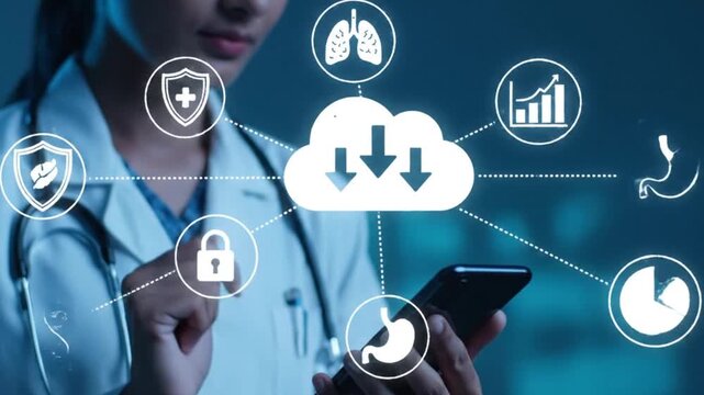 Healthcare Professional Managing Secure Patient Data on Mobile App with Cloud Technology for Digital Health Telemedicine and AI Driven Medical Insights