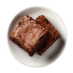 Brownies on a white plate on a transparent background, top view