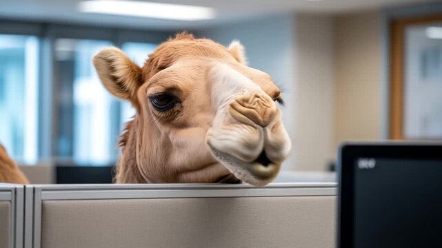 A funny camel wishing you a happy hump day with a curious and goofy expression
