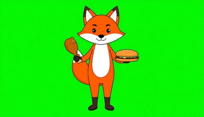 Cartoon Fox Holding Burger  Chicken.