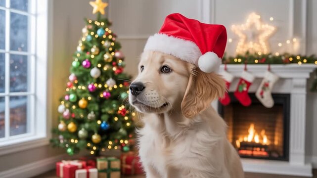 Cute perritos for Christmas, a golden retriever puppy wearing a festive santa hat