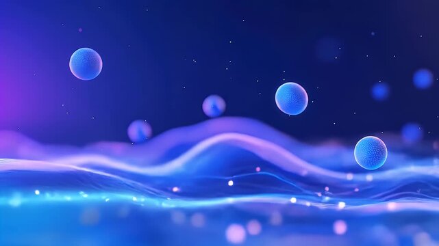 Abstract Blue Spheres Floating Above Wavy Surface with Glowing Particles and Gradient Background in a Modern Futuristic Style for Adobe Stock