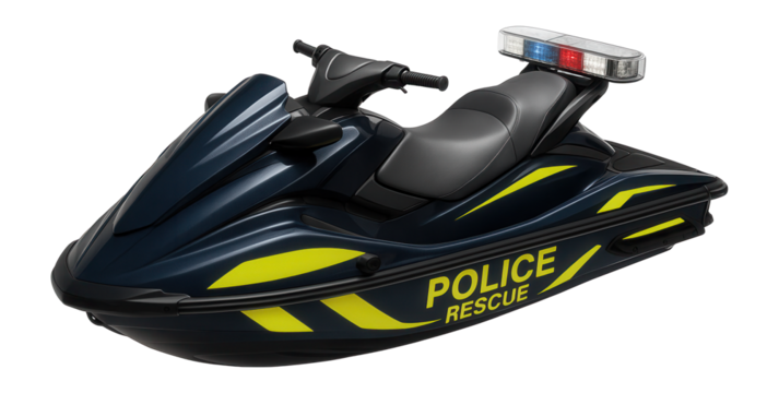 Police rescue jet ski with emergency light bar and high-visibility decals
