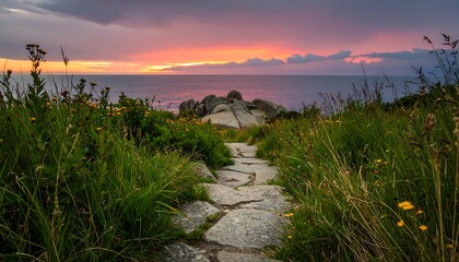 Cobblestone path leading to a beautiful sunset over the ocean.