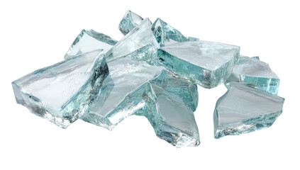 Pile of translucent, jagged glass fragments, reflecting light