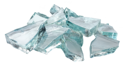 Pile of translucent, jagged glass fragments, reflecting light