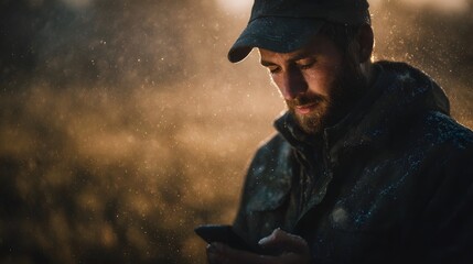 Farmer checking weather app before starting work in a rural setting