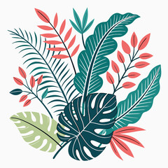 Vibrant tropical foliage arrangement with exotic botanical leaves in a diverse mix of green and pink hues, perfect for nature-inspired design.