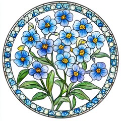 Round Stained Glass Design Featuring Delicate Blue Forget Me Nots