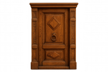 Closed wooden door with carved frame and metal knocker isolated on transparent background, ideal for architectural visualization
