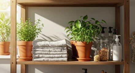 Wooden shelf with plants folded towels and glass bottles