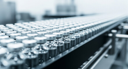 Obraz premium High-Volume Production of Medical Vials on an Automated Conveyor Belt. Sterile Pharmaceutical Manufacturing and Packaging Line.