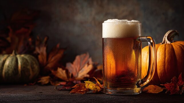 Glass of beer with pumpkin and autumn leaves celebrating oktoberfest