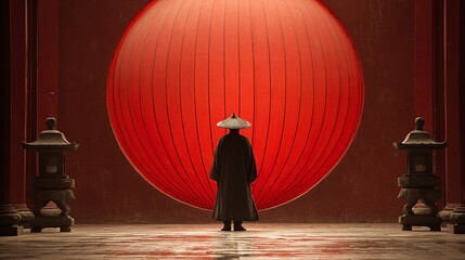 man in traditional asian dress and hat standing in front of huge chinese red lantern